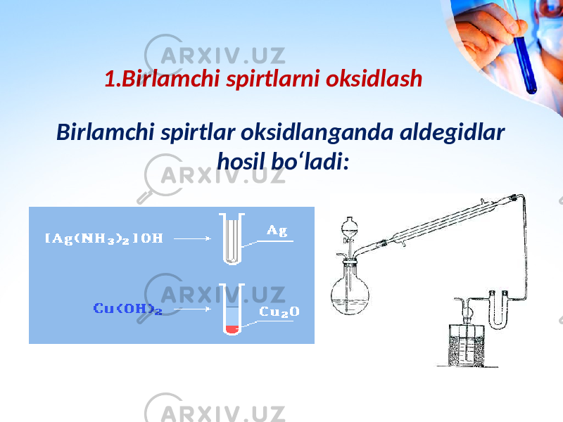 1.Birlamchi spirtlarni oksidlash Birlamchi spirtlar oksidlanganda aldegidlar hosil bo‘ladi: 