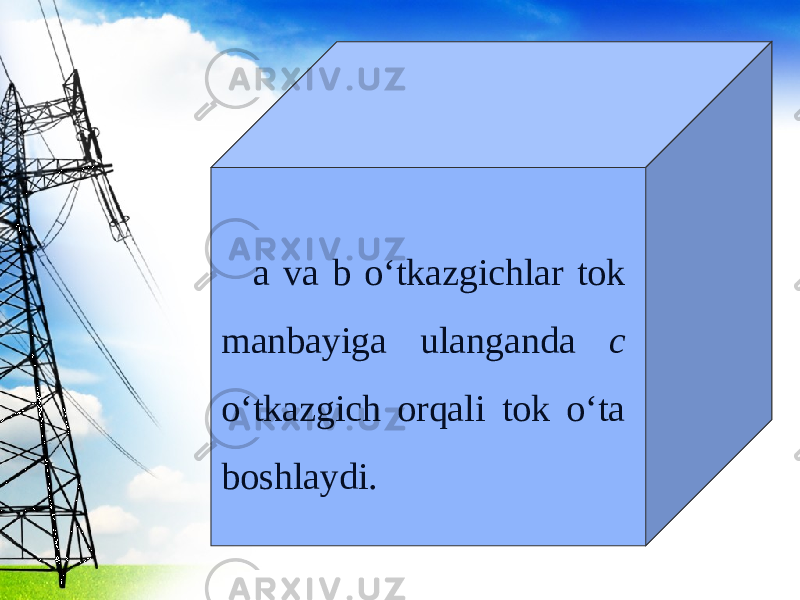 a va b o‘tkazgichlar tok manbayiga ulanganda c o‘tkazgich orqali tok o‘ta boshlaydi. 