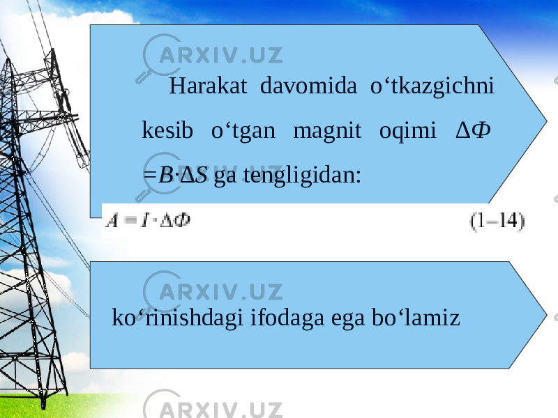 Harakat davomida o‘tkazgichni kesib o‘tgan magnit oqimi ∆ Ф  = B·∆S ga tengligidan: ko‘rinishdagi ifodaga ega bo‘lamiz 