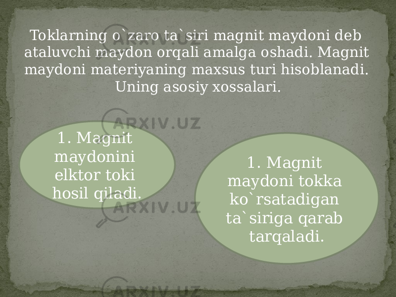 Toklarning o`zaro ta`siri magnit maydoni deb ataluvchi maydon orqali amalga oshadi. Magnit maydoni materiyaning maxsus turi hisoblanadi. Uning asosiy xossalari. 1. Magnit maydonini elktor toki hosil qiladi. 1. Magnit maydoni tokka ko`rsatadigan ta`siriga qarab tarqaladi. 