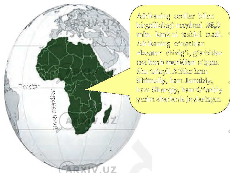 Afrikaning orollar bilan birgalikdagi maydoni 30,3 mln. km2 ni tashkil etadi. Afrikaning o‘rtasidan ekvator chizig‘i, g‘arbidan esa bosh meridian o‘tgan. Shu tufayli Afrika ham Shimoliy , ham Janubiy , ham Sharqiy , ham G‘arbiy yarim sharlarda joylashgan.EkvatorB o sh m e rid ia n 