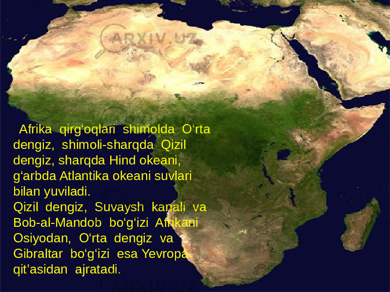  Afrika qirg‘oqlari shimolda O‘rta dengiz, shimoli-sharqda Qizil dengiz, sharqda Hind okeani, g‘arbda Atlantika okeani suvlari bilan yuviladi. Qizil dengiz, Suvaysh kanali va Bob-al-Mandob bo‘g‘izi Afrikani Osiyodan, O‘rta dengiz va Gibraltar bo‘g‘izi esa Yevropa qit’asidan ajratadi. 