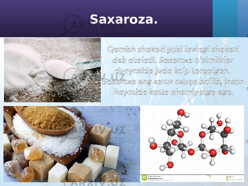 Saxaroza. Qamish shakari yoki lavlagi shakari deb ataladi. Saxaroza o‘simliklar dunyosida juda ko‘p tarqalgan. Saxaroza eng zarur ozuqa bo‘lib, inson hayotida katta ahamiyatga ega. 