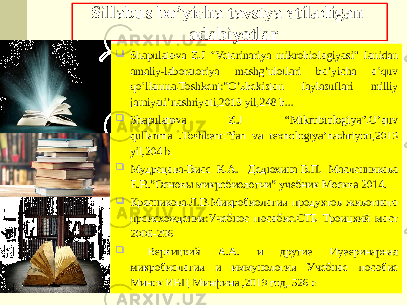  Sillabus bo’yicha tavsiya etiladigan adabiyotlar  Shapulatova Z.J “Veterinariya mikrobiologiyasi” fanidan amaliy-laboratoriya mashg’ulotlari bo’yicha o’quv qo’llanma.Toshkent:”O’zbekiston faylasuflari milliy jamiyati’nashriyoti,2019 yil,248 b...  Shapulatova Z.J “Mikrobiologiya”.O’quv qullanma .Toshkent:”fan va texnologiya’nashriyoti,2013 yil,204 b.  Мудрецова-Висс К.А. Дедюхина В.П. Масленникова Е.В.”Основы микробиологии” учебник Москва 2014.  Красниковa.Л.В.Микробиология продуктов животного происхождения:Учебное пособие.СТБ Троицкий мост 2006-296  Вервицкий А.А. и другие Иуееринарная микробиология и иммунология Учебное пособие Минск ИВЦ Минфина ,2019 год,.526 с 