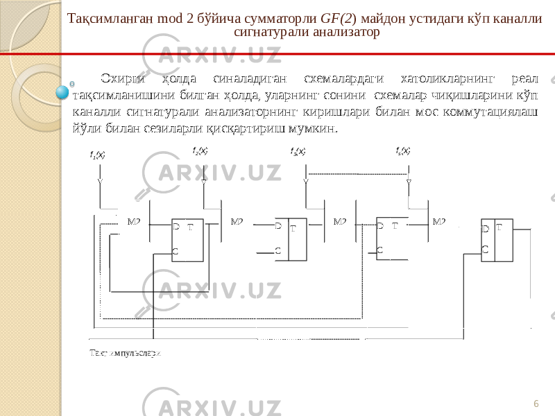 6Тақсимланган mod 2 бўйича сумматорли GF(2 ) майдон устидаги кўп каналли сигнатурали анализатор Охирги ҳолда синаладиган схемалардаги хатоликларнинг реал тақсимланишини билган ҳолда, уларнинг сонини схемалар чиқишларини кўп каналли сигнатурали анализаторнинг киришлари билан мос коммутациялаш йўли билан сезиларли қисқартириш мумкин. M2 M2 M2 M2f 1 (x) f 2 (x) f 3 (x) f s (x) D D D DT T T C C C CT Такт импульслари 