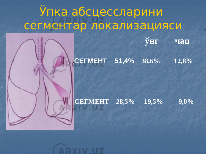 Ўпка абсцессларини сегментар локализацияси СЕГМЕНТ 28,5% ўнг чап 38,6% 12,8% 19,5% 9,0%СЕГМЕНТ 51,4% 