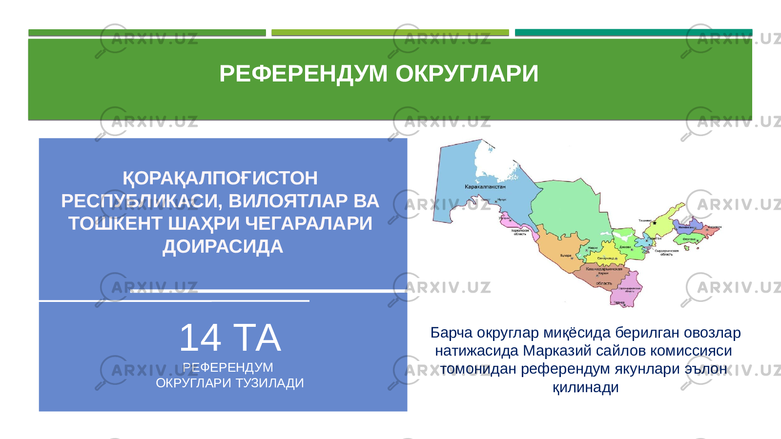 ҚОРАҚАЛПОҒИСТОН РЕСПУБЛИКАСИ, ВИЛОЯТЛАР ВА ТОШКЕНТ ШАҲРИ ЧЕГАРАЛАРИ ДОИРАСИДА 14 ТА РЕФЕРЕНДУМ ОКРУГЛАРИ ТУЗИЛАДИ РЕФЕРЕНДУМ ОКРУГЛАРИ Барча округлар миқёсида берилган овозлар натижасида Марказий сайлов комиссияси томонидан референдум якунлари эълон қилинади 