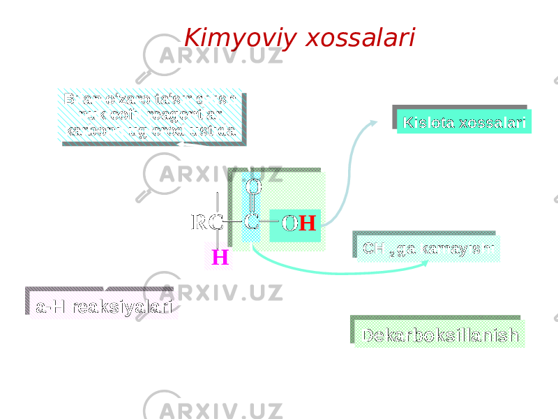 Kislota xossalari Kislota xossalariBilan o&#39;zaro ta&#39;sir qilish nukleofil reagentlar karbonil uglerod ustidaBilan o&#39;zaro ta&#39;sir qilish nukleofil reagentlar karbonil uglerod ustida CH 2 ga kamayishi CH 2 ga kamayishi Dekarboksillanish Dekarboksillanisha-H reaksiyalari a-H reaksiyalari Kimyoviy xossalariC O R C O H H 