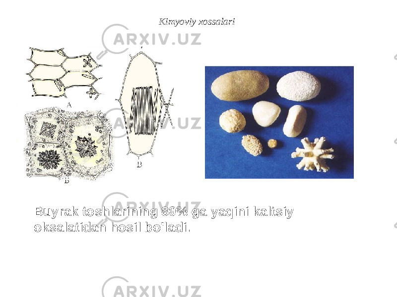 Buyrak toshlarining 80% ga yaqini kaltsiy oksalatidan hosil bo&#39;ladi. Kimyoviy xossalari 