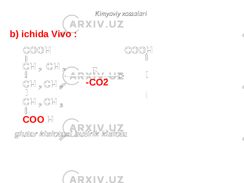 Kimyoviy xossalari COOH COOH CH 2 CH 2 CH 2 CH 2 CH 2 CH 3 COO H glutar kislotasi butirik kislota F -CO2b) ichida Vivo : 