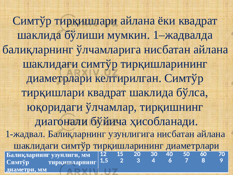 Симтўр тирқишлари айлана ёки квадрат шаклида бўлиши мумкин. 1–жадвалда балиқларнинг ўлчамларига нисбатан айлана шаклидаги симтўр тирқишларининг диаметрлари келтирилган. Симтўр тирқишлари квадрат шаклида бўлса, юқоридаги ўлчамлар, тирқишнинг диагонали бўйича ҳисобланади. 1-жадвал. Балиқларнинг узунлигига нисбатан айлана шаклидаги симтўр тирқишларининг диаметрлари Балиқларнинг узунлиги, мм   Симтўр тирқишларнинг диаметри, мм        12 15 20 30 40 50 60 70 1,5 2 3 4 6 7 8 9 