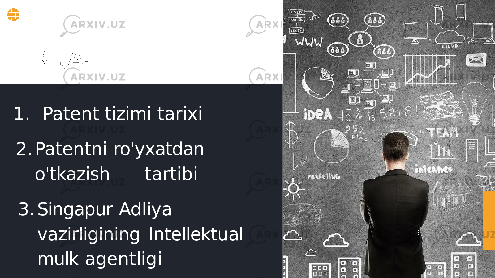 REJA: 1. Patent tizimi tarixi 2. Patentni ro&#39;yxatdan o&#39;tkazish tartibi 3. Singapur Adliya vazirligining Intellektual mulk agentligi 