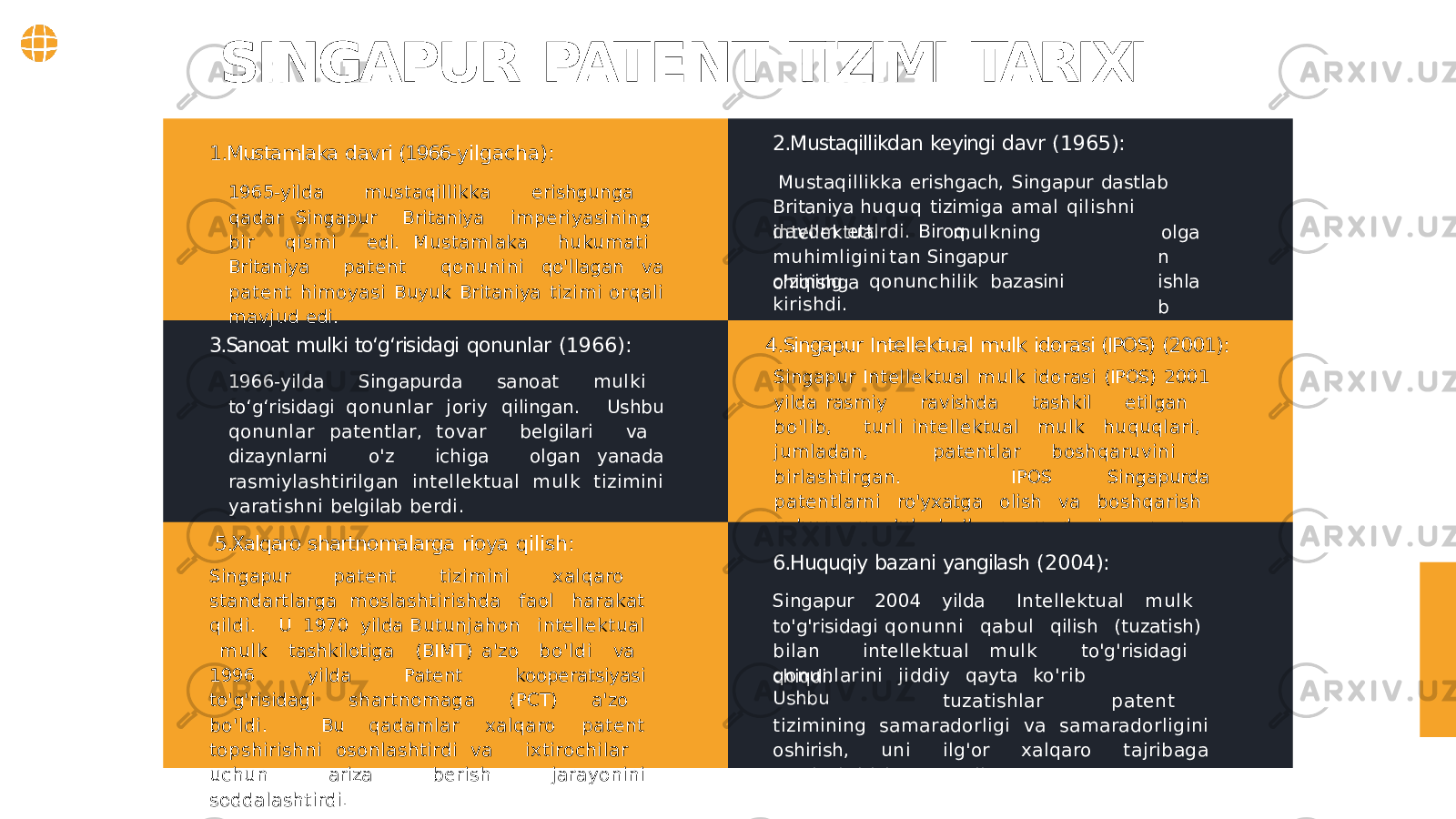 1.Mustamlaka davri (1966- yilgacha): 1965-yilda mustaqillikka erishgunga qadar Singapur Britaniya imperiyasining bir qismi edi. Mustamlaka hukumati Britaniya patent qonunini qo&#39;llagan va patent himoyasi Buyuk Britaniya tizimi orqali mavjud edi. 3.Sanoat mulki to‘g‘risidagi qonunlar (1966): 1966-yilda Singapurda sanoat mulki to‘g‘risidagi qonunlar joriy qilingan. Ushbu qonunlar patentlar, tovar belgilari va dizaynlarni o&#39;z ichiga olgan yanada rasmiylashtirilgan intellektual mulk tizimini yaratishni belgilab berdi. intellektual mulkning muhimligini tan Singapur o&#39;zining qonunchilik bazasini olga n ishla bchiqishga kirishdi.2.Mustaqillikdan keyingi davr (1965): Mustaqillikka erishgach, Singapur dastlab Britaniya hu q uq tizimiga amal qilishni davom ettirdi. Biroq, 4.Singapur Intellektual mulk idorasi (IPOS) (2001): Singapur Intellektual mulk idorasi (IPOS) 2001 yilda rasmiy ravishda tashkil etilgan bo&#39;lib, turli intellektual mulk huquqlari, jumladan, patentlar boshqaruvini birlashtirgan. IPOS Singapurda patentlarni ro&#39;yxatga olish va boshqarish uchun mas&#39;ul bo&#39;lgan markaziy organga aylandi.SINGAPUR PATENT TIZIMI TARIXI 5.Xalqaro shartnomalarga rioya qilish: Singapur patent tizimini xalqaro standartlarga moslashtirishda faol harakat qildi. U 1970 yilda Butunjahon intellektual mulk tashkilotiga (BIMT) a&#39;zo bo&#39;ldi va 1996 yilda Patent kooperatsiyasi to&#39;g&#39;risidagi shartnomaga (PCT) a&#39;zo bo&#39;ldi. Bu qadamlar xalqaro patent topshirishni osonlashtirdi va ixtirochilar uchun ariza berish jarayonini soddalashtirdi. chiqdi. Ushbu6.Huquqiy bazani yangilash (2004): Singapur 2004 yilda Intellektual mulk to&#39;g&#39;risidagi qonunni qabul qilish (tuzatish) bilan intellektual mulk to&#39;g&#39;risidagi qonunlarini jiddiy qayta ko&#39;rib tuzatishlar patent tizimining samaradorligi va samaradorligini oshirish, uni ilg&#39;or xalqaro tajribaga moslashtirishga qaratilgan. 