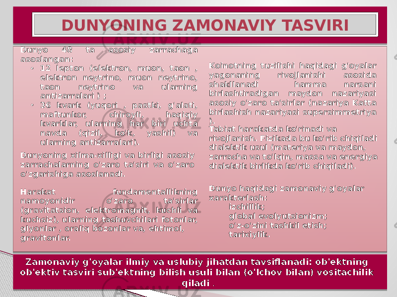 DUNYONING ZAMONAVIY TASVIRI Dunyo 48 ta asosiy zarrachaga asoslangan: • 12 lepton (elektron, muon, taon , elektron neytrino, muon neytrino, taon neytrino va ularning antizarralari ) ; • 36 kvark (yuqori , pastki, g&#39;alati, maftunkor, chiroyli, haqiqiy kvarklar, ularning har biri uchta navda (qizil, ko&#39;k, yashil) va ularning antizarralari). Dunyoning xilma-xilligi va birligi asosiy zarrachalarning o&#39;zaro ta&#39;siri va o&#39;zaro o&#39;zgarishiga asoslanadi. Harakat fundamentallikning namoyonidir o&#39;zaro ta&#39;sirlar (gravitatsion, elektromagnit, kuchli va kuchsiz), ularning tashuvchilari fotonlar, glyonlar , oraliq bozonlar va, ehtimol, gravitonlar. Koinotning tuzilishi haqidagi g&#39;oyalar yagonaning rivojlanishi asosida shakllanadi hamma narsani birlashtiradigan maydon nazariyasi asosiy o&#39;zaro ta&#39;sirlar (nazariya Katta birlashish nazariyasi supersimmetriya ). Tabiat harakatda ko&#39;rinadi va rivojlanish. Fizikada bu ko&#39;rib chiqiladi dialektik usul (materiya va maydon, zarracha va to&#39;lqin, massa va energiya dialektik birlikda ko&#39;rib chiqiladi). Dunyo haqidagi zamonaviy g&#39;oyalar xarakterlash: izchillik; global evolyutsionizm; o&#39;z-o&#39;zini tashkil etish; tarixiylik. Zamonaviy g&#39;oyalar ilmiy va uslubiy jihatdan tavsiflanadi: ob&#39;ektning ob&#39;ektiv tasviri sub&#39;ektning bilish usuli bilan (o&#39;lchov bilan) vositachilik qiladi . 