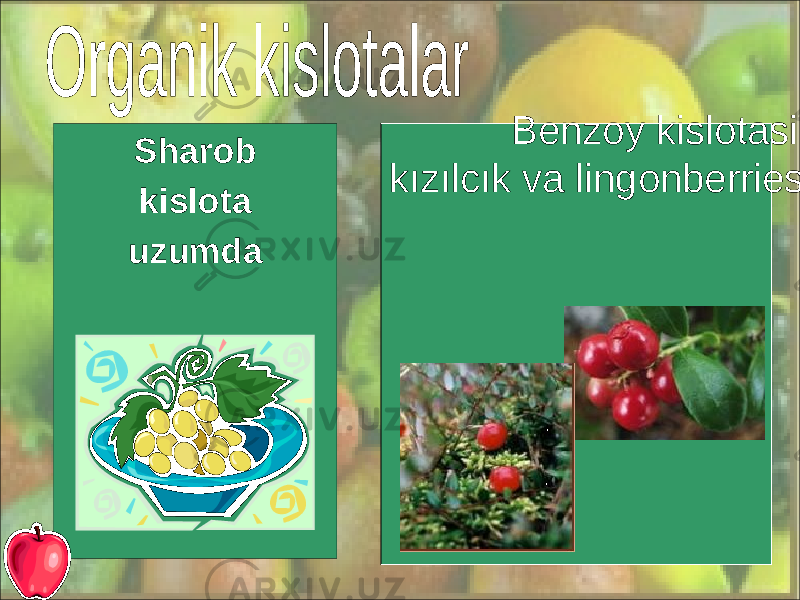 Sharob kislota uzumda Benzoy kislotasi kızılcık va lingonberries ichida 