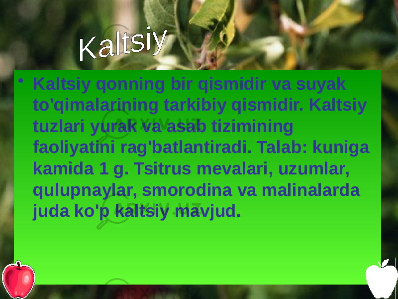 • Kaltsiy qonning bir qismidir va suyak to&#39;qimalarining tarkibiy qismidir. Kaltsiy tuzlari yurak va asab tizimining faoliyatini rag&#39;batlantiradi. Talab: kuniga kamida 1 g. Tsitrus mevalari, uzumlar, qulupnaylar, smorodina va malinalarda juda ko&#39;p kaltsiy mavjud. 