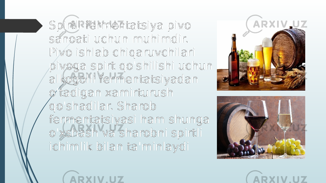 Spirtli fermentatsiya pivo sanoati uchun muhimdir. Pivo ishlab chiqaruvchilari pivoga spirt qo&#39;shilishi uchun alkogolli fermentatsiyadan o&#39;tadigan xamirturush qo&#39;shadilar. Sharob fermentatsiyasi ham shunga o&#39;xshash va sharobni spirtli ichimlik bilan ta&#39;minlaydi 