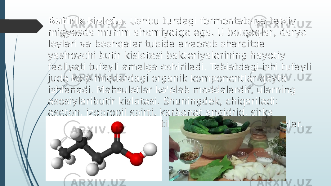 Butirik kislota . Ushbu turdagi fermentatsiya tabiiy miqyosda muhim ahamiyatga ega. U botqoqlar, daryo loylari va boshqalar tubida anaerob sharoitda yashovchi butir kislotasi bakteriyalarining hayotiy faoliyati tufayli amalga oshiriladi. Tabiatdagi ishi tufayli juda ko&#39;p miqdordagi organik komponentlar qayta ishlanadi. Mahsulotlar ko&#39;plab moddalardir, ularning asosiylaributir kislotasi. Shuningdek, chiqariladi: aseton, izopropil spirti, karbonat angidrid, sirka kislotasi, sut kislotasi, etil spirti va boshqa birikmalar. 