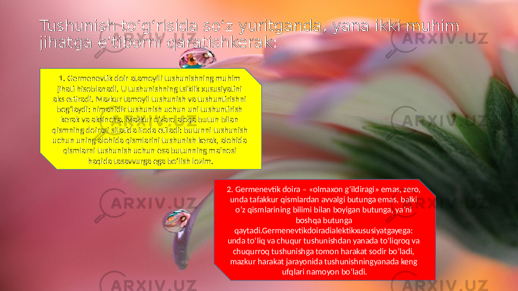 Tushunish to‘g‘risida so‘z yuritganda, yana ikki muhim jihatga e’tiborni qaratishkerak: 1. Germenevtik doir atamoyili tushunishning muhim jihati hisoblanadi. U tushunishning tsiklik xususiyatini aks ettiradi. Mazkur tamoyil tushunish va tushuntirishni bog‘laydi: nimanidir tushunish uchun uni tushuntirish kerak va aksincha. Mazkur o‘zaro aloqa butun bilan qismning doirasi sifatida ifoda etiladi: butunni tushunish uchun uning alohida qismlarini tushunish kerak, alohida qismlarni tushunish uchun esa butunning ma’nosi haqida tasavvurga ega bo‘lish lozim. 2. Germenevtik doira – «olmaxon g‘ildiragi» emas, zero, unda tafakkur qismlardan avvalgi butunga emas, balki o‘z qismlarining bilimi bilan boyigan butunga, ya’ni boshqa butunga qaytadi.Germenevtikdoiradialektikxususiyatgayega: unda to‘liq va chuqur tushunishdan yanada to‘liqroq va chuqurroq tushunishga tomon harakat sodir bo‘ladi, mazkur harakat jarayonida tushunishningyanada keng ufqlari namoyon bo‘ladi. 