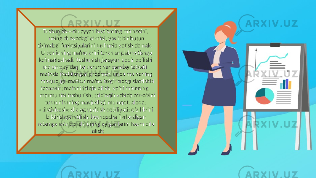  Tushunish – muayyan hodisaning ma’nosini, uning dunyodagi o‘rnini, yaxlit bir butun tizimdagi funktsiyalarini tushunib yetish demak. U borliqning ma’nolarini teran anglab yetishga ko‘maklashadi. Tushunish jarayoni sodir bo‘lishi uchun quyidagilar zarur: har qanday tabiatli matnda ifodalangan predmet; unda ma’noning mavjudligi; mazkur ma’no to‘g‘risidagi dastlabki tasavvur; matnni talqin qilish, ya’ni matnning mazmunini tushunish; talqinqiluvchida o‘z-o‘zini tushunishning mavjudligi, muloqot, aloqa; «tilstixiyasi»; dialog yuritish qobiliyati; o‘z fikrini bildirishga intilish, boshqacha fikrlaydigan odamga so‘z berish, uning aytganlarini hazm qila olish; 