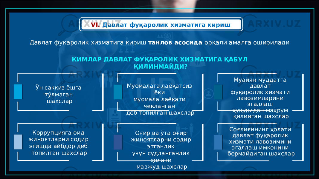 VI.  Давлат фуқаролик хизматига кириш Давлат фуқаролик хизматига кириш танлов асосида орқали амалга оширилади КИМЛАР ДАВЛАТ ФУҚАРОЛИК ХИЗМАТИГА ҚАБУЛ ҚИЛИНМАЙДИ? Ўн саккиз ёшга тўлмаган шахслар Муомалага лаёқатсиз ёки муомала лаёқати чекланган деб топилган шахслар Муайян муддатга давлат фуқаролик хизмати лавозимларини эгаллаш ҳуқуқидан маҳрум қилинган шахслар Коррупцияга оид жиноятларни содир этишда айбдор деб топилган шахслар Оғир ва ўта оғир жиноятларни содир этганлик учун судланганлик ҳолати мавжуд шахслар Соғлиғининг ҳолати давлат фуқаролик хизмати лавозимини эгаллаш имконини бермайдиган шахслар 