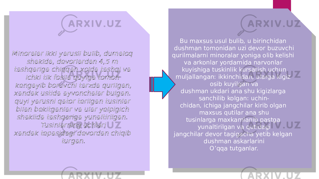 Minoralar ikki yarusli bulib, dumaloq shaklda, devorlardan 4,5 m tashqariga chiqqan xolda tashqi va ichki tik fosila quyiga tomon kengayib boruvchi tarzda qurilgan, xandak ustida ayvonchalar bulgan. quyi yarusni qator te rilgan tusinlar bilan bekitganlar va ular yelpigich shaklida tashqariga yunaltirilgan. Tusinlarning uchlari xandak tepasidagi devordan chiqib turgan. Bu maxsus usul bulib, u birinchidan dushman tomonidan uzi devor buzuvchi qurilmalarni minoralar yoniga olib kelishi va arkonlar yordamida narvonlar kuyishiga tuskinlik kursatish uchun muljallangan: ikkinchidan, ularga kigiz osib kuyilgan va dushman ukdari ana shu kigizlarga sanchilib kolgan: uchin- chidan, ichiga jangchilar kirib olgan maxsus qutilar ana shu tusinlarga maxkamlanib pastga yunaltirilgan va qutidagi jangchilar devor tagigacha yetib kelgan dushman askarlarini O’qqa tutganlar. 01 0C12 17 02 0913 1A 110B0805 0D02 0C 1F 1A 17 29 0D 0B 26 1D 02 0E 0D 11 1A1B 02 13 16 2A 0D 2B 