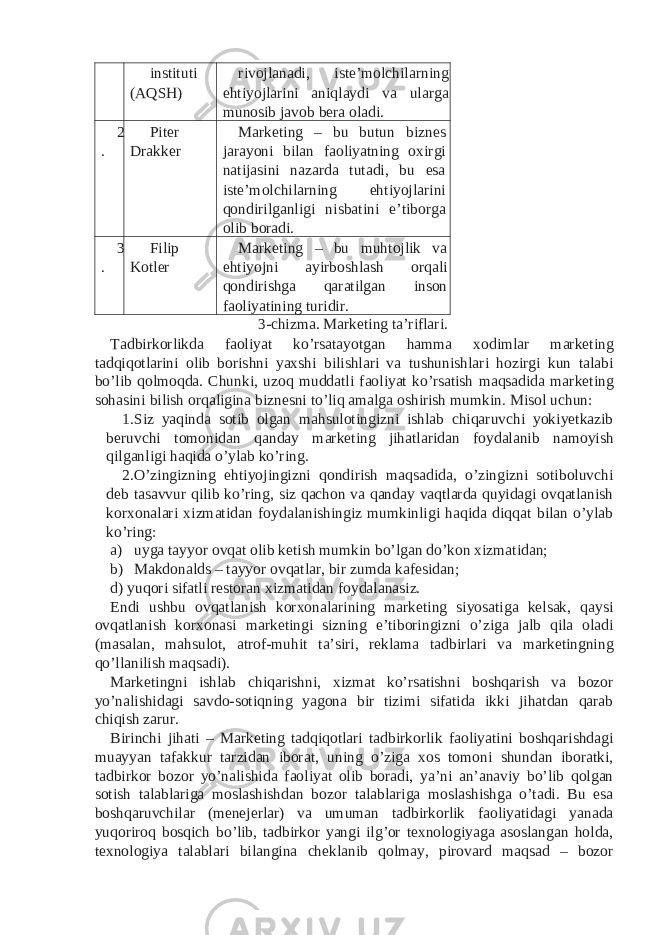  instituti (AQSH) rivojlanadi, iste’molchilarning ehtiyojlarini aniqlaydi va ularga munosib javob bera oladi. 2 . Piter Drakker Marketing – bu butun biznes jarayoni bilan faoliyatning oxirgi natijasini nazarda tutadi, bu esa iste’molchilarning ehtiyojlarini qondirilganligi nisbatini e’tiborga olib boradi. 3 . Filip Kotler Marketing – bu muhtojlik va ehtiyojni ayirboshlash orqali qondirishga qaratilgan inson faoliyatining turidir. 3-chizma. Marketing ta’riflari. Tadbirkorlikda faoliyat ko’rsatayotgan hamma xodimlar marketing tadqiqotlarini olib borishni yaxshi bilishlari va tushunishlari hozirgi kun talabi bo’lib qolmoqda. Chunki, uzoq muddatli faoliyat ko’rsatish maqsadida marketing sohasini bilish orqaligina biznesni to’liq amalga oshirish mumkin. Misol uchun: 1. Siz yaqinda sotib olgan mahsulotingizni ishlab chiqaruvchi yokiyetkazib beruvchi tomonidan qanday marketing jihatlaridan foydalanib namoyish qilganligi haqida o’ylab ko’ring. 2. O’zingizning ehtiyojingizni qondirish maqsadida, o’zingizni sotiboluvchi deb tasavvur qilib ko’ring, siz qachon va qanday vaqtlarda quyidagi ovqatlanish korxonalari xizmatidan foydalanishingiz mumkinligi haqida diqqat bilan o’ylab ko’ring: a) uyga tayyor ovqat olib ketish mumkin bo’lgan do’kon xizmatidan; b) Makdonalds – tayyor ovqatlar, bir zumda kafesidan; d) yuqori sifatli restoran xizmatidan foydalanasiz. Endi ushbu ovqatlanish korxonalarining marketing siyosatiga kelsak, qaysi ovqatlanish korxonasi marketingi sizning e’tiboringizni o’ziga jalb qila oladi (masalan, mahsulot, atrof-muhit ta’siri, reklama tadbirlari va marketingning qo’llanilish maqsadi). Marketingni ishlab chiqarishni, xizmat ko’rsatishni boshqarish va bozor yo’nalishidagi savdo-sotiqning yagona bir tizimi sifatida ikki jihatdan qarab chiqish zarur. Birinchi jihati – Marketing tadqiqotlari tadbirkorlik faoliyatini boshqarishdagi muayyan tafakkur tarzidan iborat, uning o’ziga xos tomoni shundan iboratki, tadbirkor bozor yo’nalishida faoliyat olib boradi, ya’ni an’anaviy bo’lib qolgan sotish talablariga moslashishdan bozor talablariga moslashishga o’tadi. Bu esa boshqaruvchilar (menejerlar) va umuman tadbirkorlik faoliyatidagi yanada yuqoriroq bosqich bo’lib, tadbirkor yangi ilg’or texnologiyaga asoslangan holda, texnologiya talablari bilangina cheklanib qolmay, pirovard maqsad – bozor 