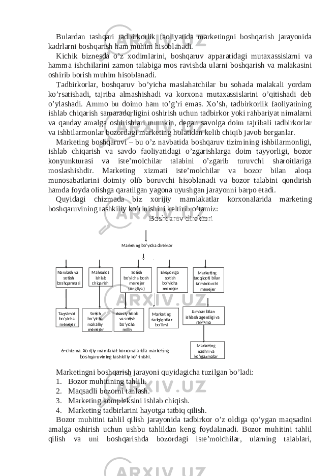 Bulardan tashqari tadbirkorlik faoliyatida marketingni boshqarish jarayonida kadrlarni boshqarish ham muhim hisoblanadi. Kichik biznesda o’z xodimlarini, boshqaruv apparatidagi mutaxassislarni va hamma ishchilarini zamon talabiga mos ravishda ularni boshqarish va malakasini oshirib borish muhim hisoblanadi. Tadbirkorlar, boshqaruv bo’yicha maslahatchilar bu sohada malakali yordam ko’rsatishadi, tajriba almashishadi va korxona mutaxassislarini o’qitishadi deb o’ylashadi. Ammo bu doimo ham to’g’ri emas. Xo’sh, tadbirkorlik faoliyatining ishlab chiqarish samaradorligini oshirish uchun tadbirkor yoki rahbariyat nimalarni va qanday amalga oshirishlari mumkin, degan savolga doim tajribali tadbirkorlar va ishbilarmonlar bozordagi marketing holatidan kelib chiqib javob berganlar. Marketing boshqaruvi – bu o’z navbatida boshqaruv tizimining ishbilarmonligi, ishlab chiqarish va savdo faoliyatidagi o’zgarishlarga doim tayyorligi, bozor konyunkturasi va iste’molchilar talabini o’zgarib turuvchi sharoitlariga moslashishdir. Marketing xizmati iste’molchilar va bozor bilan aloqa munosabatlarini doimiy olib boruvchi hisoblanadi va bozor talabini qondirish hamda foyda olishga qaratilgan yagona uyushgan jarayonni barpo etadi. Quyidagi chizmada biz xorijiy mamlakatlar korxonalarida marketing boshqaruvining tashkiliy ko’rinishini keltirib o’tamiz: Boshqaruv direktori Marketingni boshqarish jarayoni quyidagicha tuzilgan bo’ladi: 1. Bozor muhitining tahlili. 2. Maqsadli bozorni tanlash. 3. Marketing kompleksini ishlab chiqish. 4. Marketing tadbirlarini hayotga tatbiq qilish. Bozor muhitini tahlil qilish jarayonida tadbirkor o’z oldiga qo’ygan maqsadini amalga oshirish uchun ushbu tahlildan keng foydalanadi. Bozor muhitini tahlil qilish va uni boshqarishda bozordagi iste’molchilar, ularning talablari, Marketing bo‘yicha direktor Narxlash va sotish boshqarmasi Mahsulot ishlab chiqarish Sotish bo‘yicha bosh menejer Angliya) ( Eksportga sotish bo‘yicha menejer Marketing tadqiqoti bilan ta’minlovchi menejer Taqsimot bo‘yicha menejer Sotish bo‘yicha mahalliy mene j e r Asosiy hisob va sotish bo‘yicha milliy Marketing tadqiqotlar bo‘limi Marketing nashri va ko‘rgazmalar Jamoat bilan ishlash agentligi va reklama 6- chizma. Xorijiy mamlakat korxonalarida marketing boshqaruvining tashkiliy ko‘rinishi. 