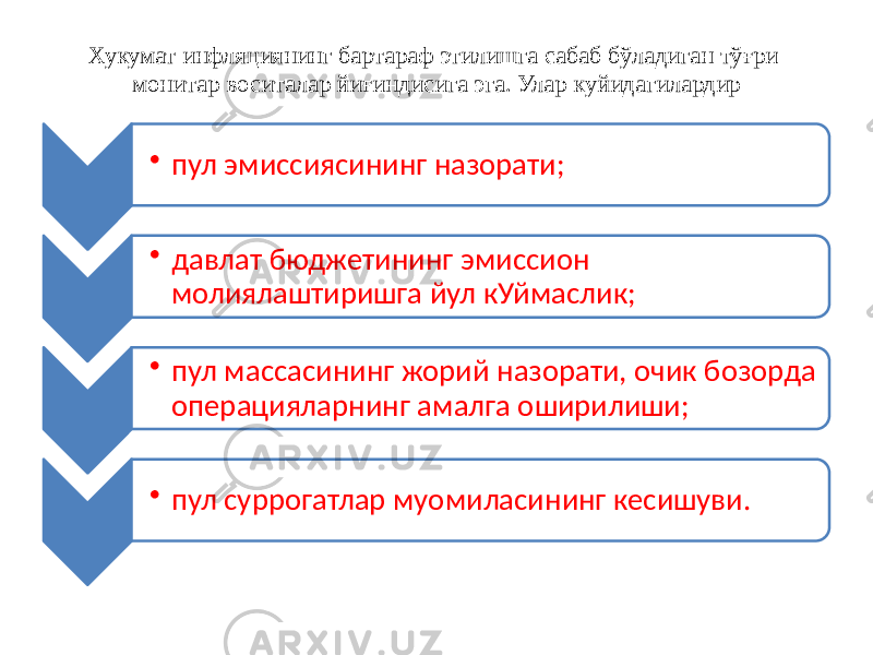 Хукумат инфляциянинг бартараф этилишга сабаб бўладиган тўғри монитар воситалар йиғиндисига эга. Улар куйидагилардир • пул эмиссиясининг назорати; • давлат бюджетининг эмиссион молиялаштиришга йул кУймаслик; • пул массасининг жорий назорати, очик бозорда операцияларнинг амалга оширилиши; • пул суррогатлар муомиласининг кесишуви. 