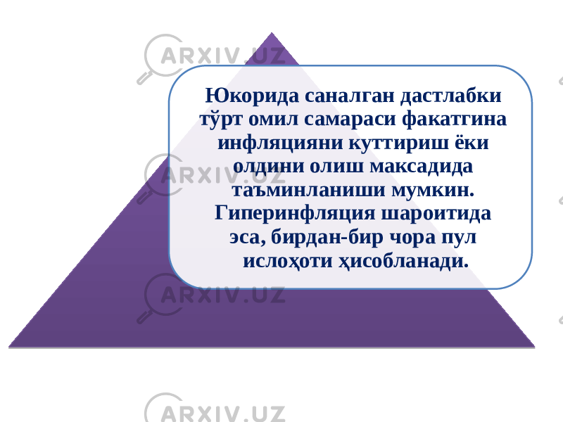 Юкорида саналган дастлабки тўрт омил самараси факатгина инфляцияни куттириш ёки олдини олиш максадида таъминланиши мумкин. Гиперинфляция шароитида эса, бирдан-бир чора пул ислоҳоти ҳисобланади. 