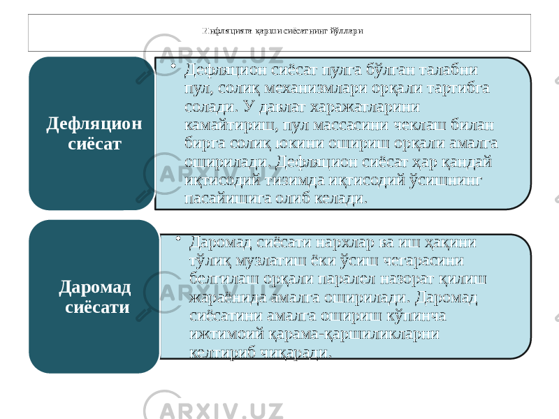 Инфляцияга қарши сиёсатнинг йўллари • Дефляцион сиёсат пулга бўлган талабни пул, солиқ механизмлари орқали тартибга солади. У давлат харажатларини камайтириш, пул массасини чеклаш билан бирга солиқ юкини ошириш орқали амалга оширилади. Дефляцион сиёсат ҳар қандай иқтисодий тизимда иқтисодий ўсишнинг пасайишига олиб келади.Дефляцион сиёсат • Даромад сиёсати нархлар ва иш ҳақини тўлиқ музлатиш ёки ўсиш чегарасини белгилаш орқали паралел назорат қилиш жараёнида амалга оширилади. Даромад сиёсатини амалга ошириш кўпинча ижтимоий қарама-қаршиликларни келтириб чиқаради.Даромад сиёсати 