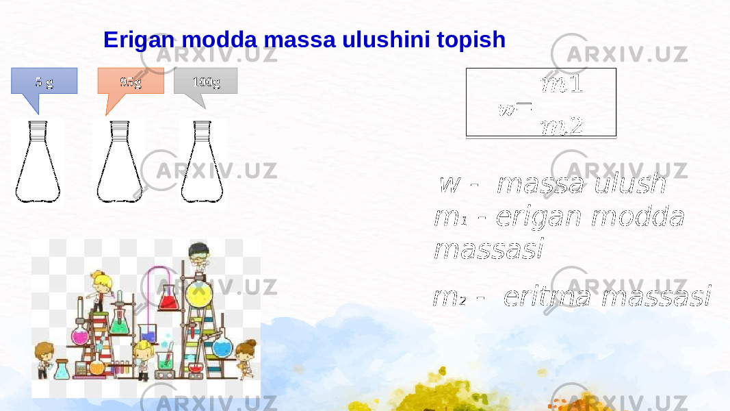 Erigan modda massa ulushini topish 5 g 95g 100g   w - massa ulush m 1 - erigan modda massasi m 2 - eritma massasi 