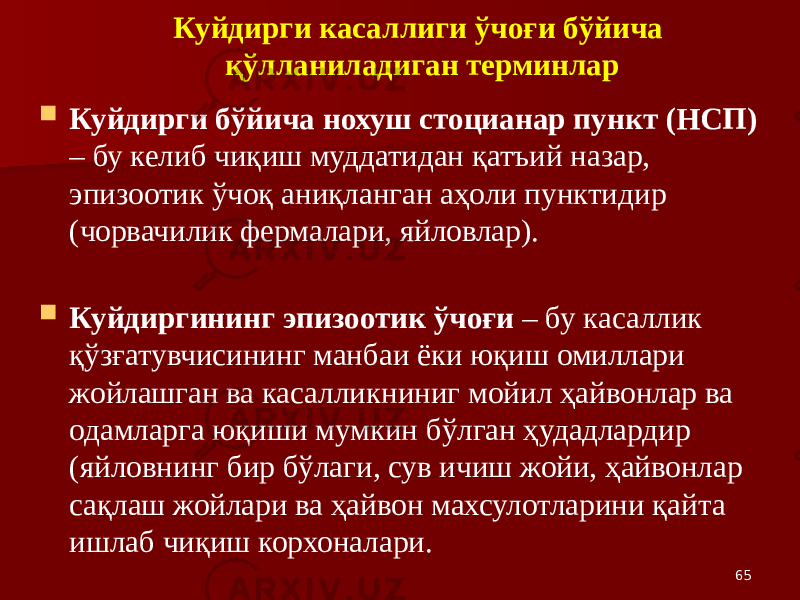 Куйдирги касаллиги ўчоғи бўйича қўлланиладиган терминлар  Куйдирги бўйича нохуш стоцианар пункт (НСП) – бу келиб чиқиш муддатидан қатъий назар, эпизоотик ўчоқ аниқланган аҳоли пунктидир (чорвачилик фермалари, яйловлар).  Куйдиргининг эпизоотик ўчоғи – бу касаллик қўзғатувчисининг манбаи ёки юқиш омиллари жойлашган ва касалликниниг мойил ҳайвонлар ва одамларга юқиши мумкин бўлган ҳудадлардир (яйловнинг бир бўлаги, сув ичиш жойи, ҳайвонлар сақлаш жойлари ва ҳайвон махсулотларини қайта ишлаб чиқиш корхоналари. 65 