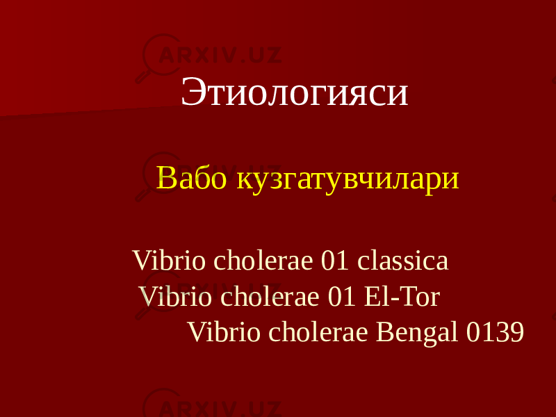  Этиологияси Вабо кузгатувчилари Vibrio cholerae 01 classica Vibrio cholerae 01 El-Tor Vibrio cholerae Bengal 0139 