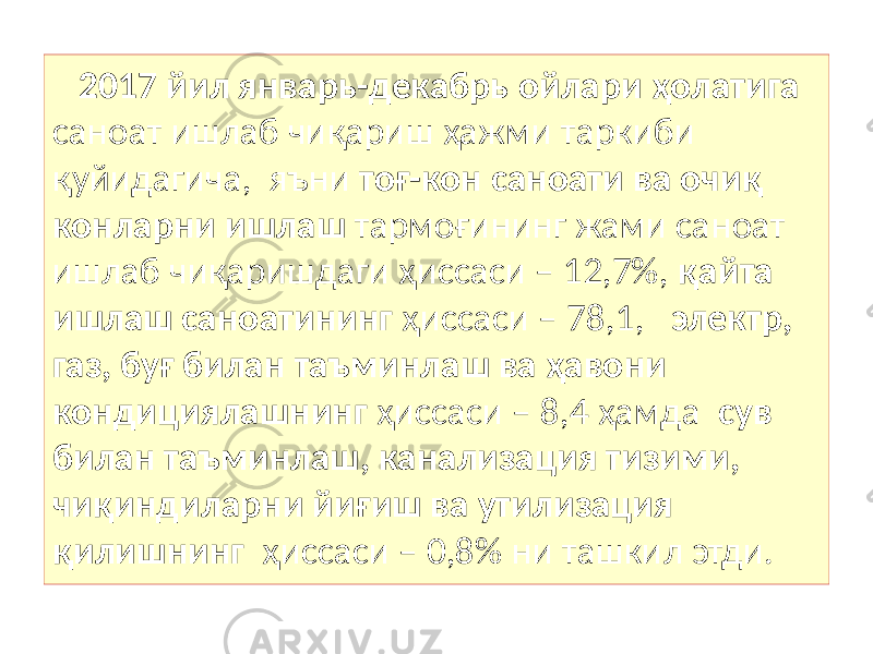  2017 йил январь-декабрь ойлари ҳолатига саноат ишлаб чиқариш ҳажми таркиби қуйидагича, яъни тоғ-кон саноати ва очиқ конларни ишлаш тармоғининг жами саноат ишлаб чиқаришдаги ҳиссаси – 12,7%, қайта ишлаш саноатининг ҳиссаси – 78,1, электр, газ, буғ билан таъминлаш ва ҳавони кондициялашнинг ҳиссаси – 8,4 ҳамда сув билан таъминлаш, канализация тизими, чиқиндиларни йиғиш ва утилизация қилишнинг ҳиссаси – 0,8% ни ташкил этди. 