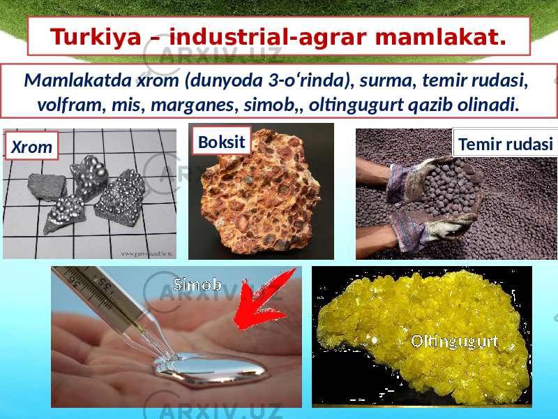 Turkiya – industrial-agrar mamlakat. Mamlakatda xrom (dunyoda 3-o‘rinda), surma, temir rudasi, volfram, mis, marganes, simob,, oltingugurt qazib olinadi. Xrom Temir rudasi Simob OltingugurtBoksit 