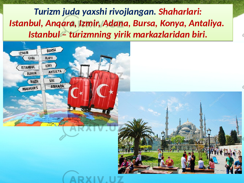 Turizm juda yaxshi rivojlangan. Shaharlari: Istanbul, Anqara, Izmir, Adana, Bursa, Konya, Antaliya. Istanbul – turizmning yirik markazlaridan biri.12 40 39 39 