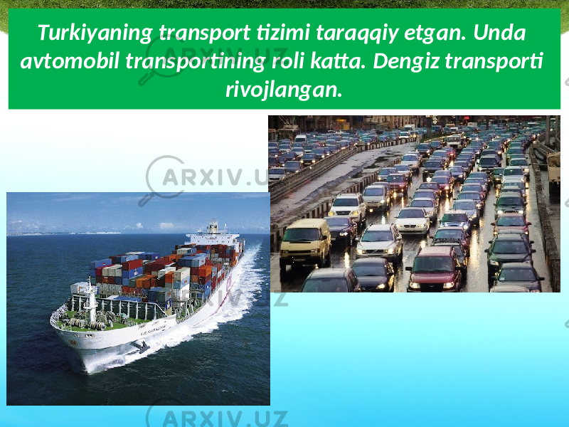 Turkiyaning transport tizimi taraqqiy etgan. Unda avtomobil transportining roli katta. Dengiz transporti rivojlangan. 