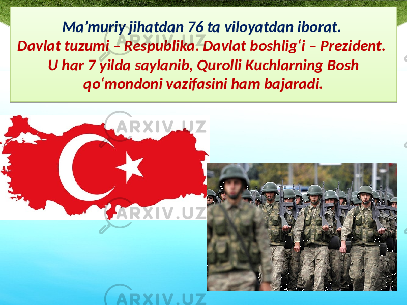 Ma’muriy jihatdan 76 ta viloyatdan iborat. Davlat tuzumi – Respublika. Davlat boshlig‘i – Prezident. U har 7 yilda saylanib, Qurolli Kuchlarning Bosh qo‘mondoni vazifasini ham bajaradi.240F 28 2C 21 