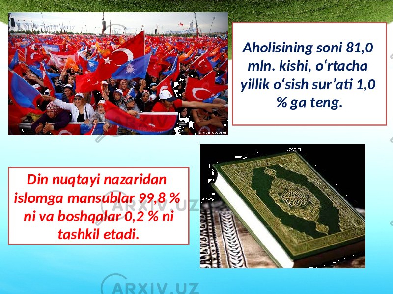 Aholisining soni 81,0 mln. kishi, o‘rtacha yillik o‘sish sur’ati 1,0 % ga teng. Din nuqtayi nazaridan islomga mansublar 99,8 % ni va boshqalar 0,2 % ni tashkil etadi. 