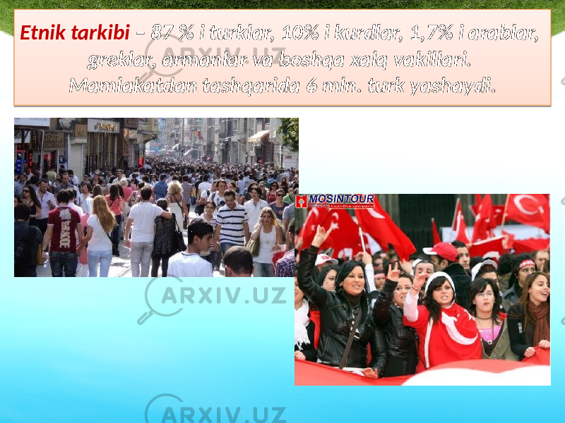 Etnik tarkibi – 87 % i turklar, 10% i kurdlar, 1,7% i arablar, greklar, armanlar va boshqa xalq vakillari. Mamlakatdan tashqarida 6 mln. turk yashaydi.37 15 0A 240F 