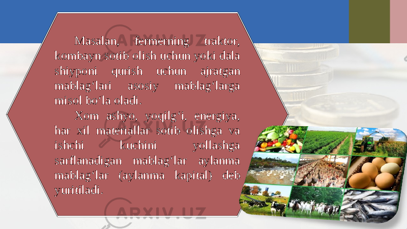 Masalan, fermerning traktor, kombayn sotib olish uchun yoki dala shiyponi qurish uchun ajratgan mablag‘lari asosiy mablag‘larga misol bo‘la oladi. Xom ashyo, yoqilg‘i, energiya, har xil materiallar sotib olishga va ishchi kuchini yollashga sarflanadigan mablag‘lar aylanma mablag‘lar (aylanma kapital) deb yuritiladi. 