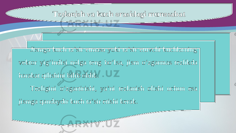 Tezlanish va kuch orasidagi munosabat Jismga kuch ta’sir etmasa yoki ta’sir etuvchi kuchlarning vektor yig‘indisi nolga teng bo‘lsa, jism o‘zgarmas tezlikda harakat qilishini bilib oldik. Tezligini o‘zgartirishi, ya’ni tezlanish olishi uchun esa jismga qandaydir kuch ta’sir etishi kerak. 