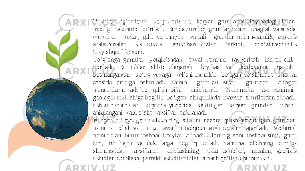 Yuvma tо‘g‘onlarni barpo etishda karyer gruntlarini loyihadagi bilan mosligi tekshirib kо‘riladi. Bunda qumloq gruntlar uchun –shag‘al va suvda eruvchan tuzlar, gilli va mayda zarrali gruntlar uchun-namlik, organik aralashmalar va suvda eruvchan tuzlar tarkibi, chо‘ziluvchanlik (qayishqoqlik) soni. Tо‘g‘onga gruntlar yotqizishdan avval zaminni tayyorlash ishlari olib boriladi. Bu ishlar ishlab chiqarish loyihasi va kotlovanni qazish boshlangandan sо‘ng yuzaga kelishi mumkin bо‘lgan qо‘shimcha shartlar asosida amalga oshiriladi. Zamin gruntlari sifati gruntdan olingan namunalarni tadqiqot qilish bilan aniqlanadi. Namunalar esa zaminni geologik tuzilishiga bog‘liq bо‘lgan chuqurlikda maxsus shurflardan olinadi, ushbu namunalar bо‘yicha yuqorida keltirilgan karyer gruntlari uchun aniqlangani kabi о‘sha tavsiflar aniqlanadi. Bunyod etilayotgan inshootning sifatini nazorat qilish yotqizilgan gruntdan namuna olish va uning tavsifini tadqiqot etish orqali bajariladi. Tekshirish namunalari butun inshoot bо‘ylab olinadi. Ularning soni inshoot sinfi, grunt turi, ish hajmi va sh.k. larga bog‘liq bо‘ladi. Namuna olishning о‘rniga shuningdek, tavsiflarni aniqlashning dala uslublari, masalan, geofizik uslublar, zondlash, parrakli asboblar bilan sinash qо‘llanishi mumkin. 