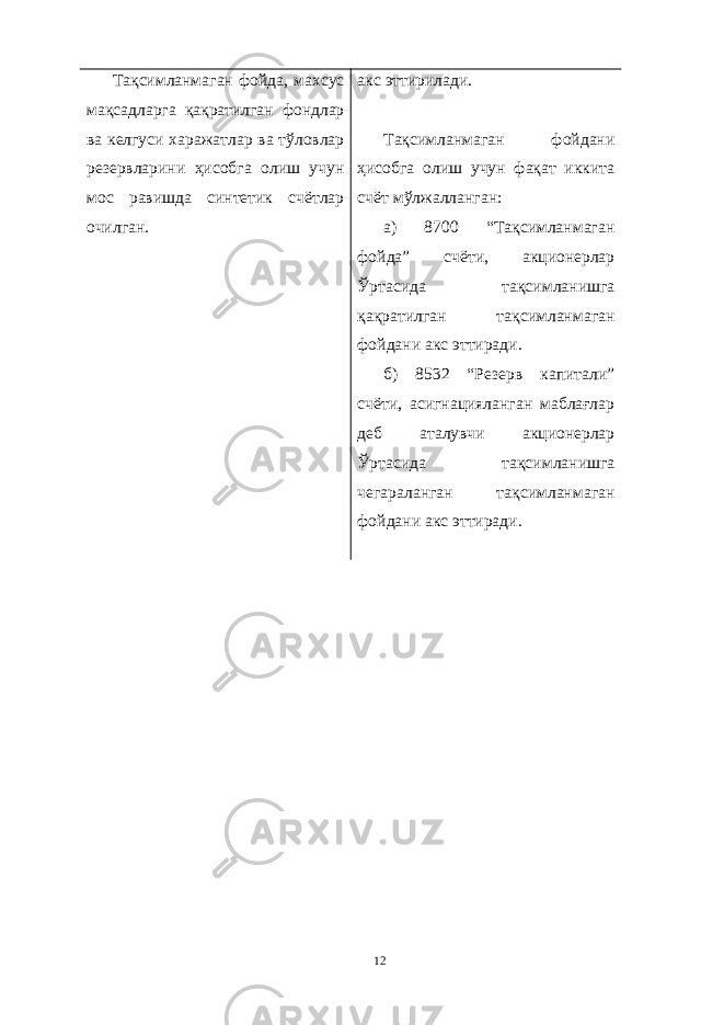 Тақсимланмаган фойда, махсус мақсадларга қақратилган фондлар ва келгуси харажатлар ва тўловлар резервларини ҳисобга олиш учун мос равишда синтетик счётлар очилган. акс эттирилади. Тақсимланмаган фойдани ҳисобга олиш учун фақат иккита счёт мўлжалланган: а) 8700 “Тақсимланмаган фойда” счёти, акционерлар Ўртасида тақсимланишга қақратилган тақсимланмаган фойдани акс эттиради. б) 8532 “Резерв капитали” счёти, асигнацияланган маблағлар деб аталувчи акционерлар Ўртасида тақсимланишга чегараланган тақсимланмаган фойдани акс эттиради. 12 