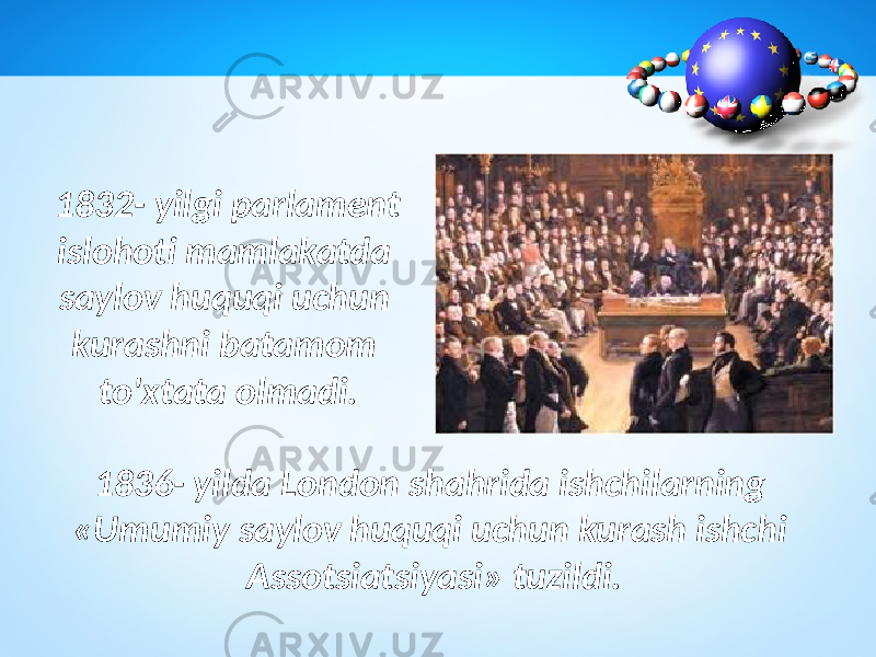 1832- yilgi parlament islohoti mamlakatda saylov huquqi uchun kurashni batamom to&#39;xtata olmadi. 1836- yilda London shahrida ishchilarning «Umumiy saylov huquqi uchun kurash ishchi Assotsiatsiyasi» tuzildi. 