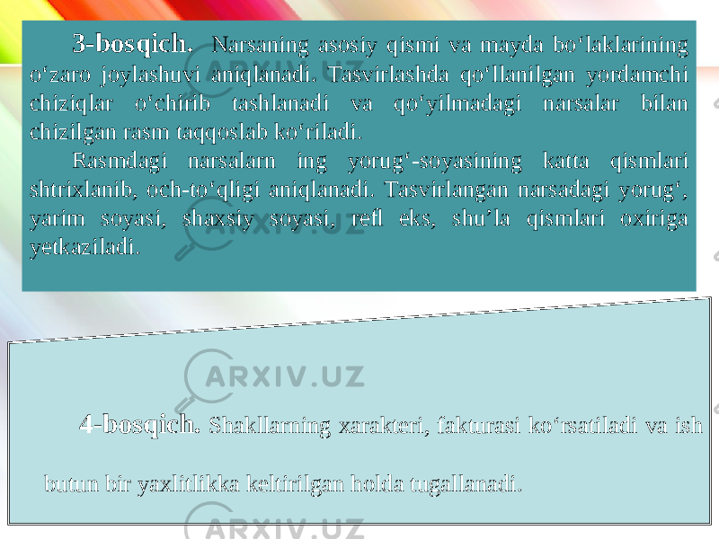 www.homeppt.com LOGO3-bosqich. Narsaning asosiy qismi va mayda bo‘laklarining o‘zaro joylashuvi aniqlanadi. Tasvirlashda qo‘llanilgan yordamchi chiziqlar o‘chirib tashlanadi va qo‘yilmadagi narsalar bilan chizilgan rasm taqqoslab ko‘riladi. Rasmdagi narsalarn ing yorug‘-soyasining katta qismlari shtrixlanib, och-to‘qligi aniqlanadi. Tasvirlangan narsadagi yorug‘, yarim soyasi, shaxsiy soyasi, reﬂ eks, shu’la qismlari oxiriga yetkaziladi. 4-bosqich. Shakllarning xarakteri, fakturasi ko‘rsatiladi va ish butun bir yaxlitlikka keltirilgan holda tugallanadi. 