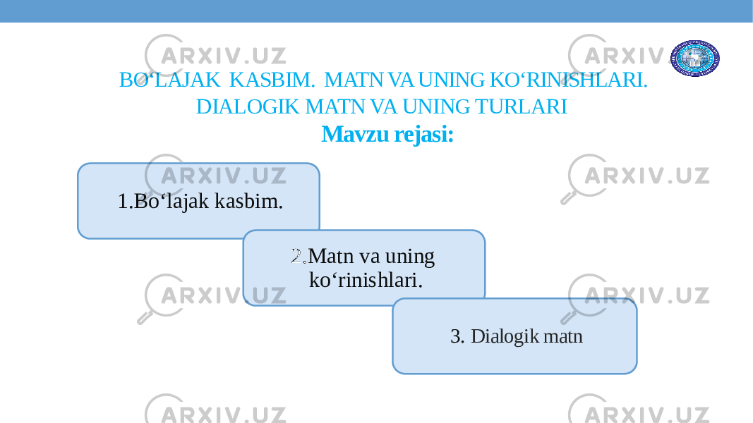 BO‘LAJAK KASBIM. MATN VA UNING KO‘RINISHLARI. DIALOGIK MATN VA UNING TURLARI Mavzu rejasi: 1.Bo‘lajak kasbim. 2. Matn va uning ko‘rinishlari. 3. Dialogik matn 