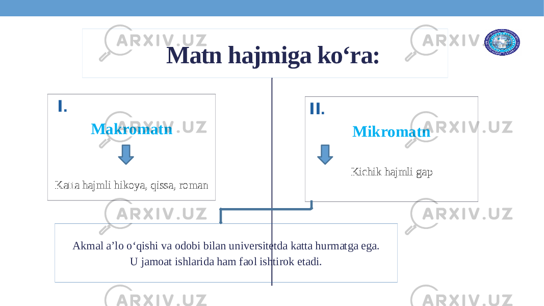  Matn hajmiga ko‘ra: Akmal a’lo o‘qishi va odobi bilan universitetda katta hurmatga ega. U jamoat ishlarida ham faol ishtirok etadi. I . Makromatn Katta hajmli hikoya, qissa, roman II . Mikromatn Kichik hajmli gap 