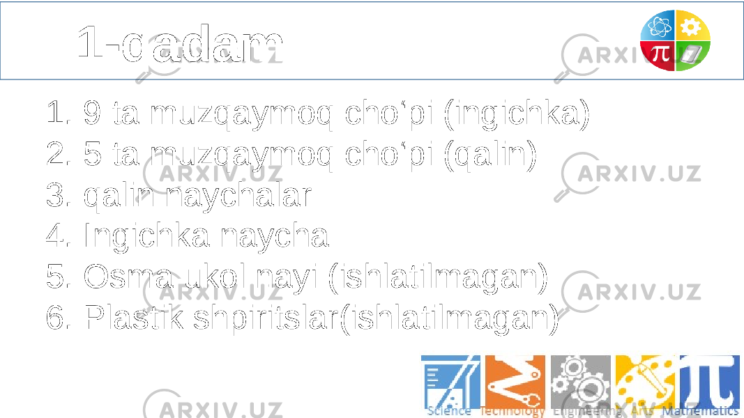  1-qadam 1. 9 ta muzqaymoq cho‘pi (ingichka) 2. 5 ta muzqaymoq cho‘pi (qalin) 3. qalin naychalar 4. Ingichka naycha 5. Osma ukol nayi (ishlatilmagan) 6. Plastik shpiritslar(ishlatilmagan)   